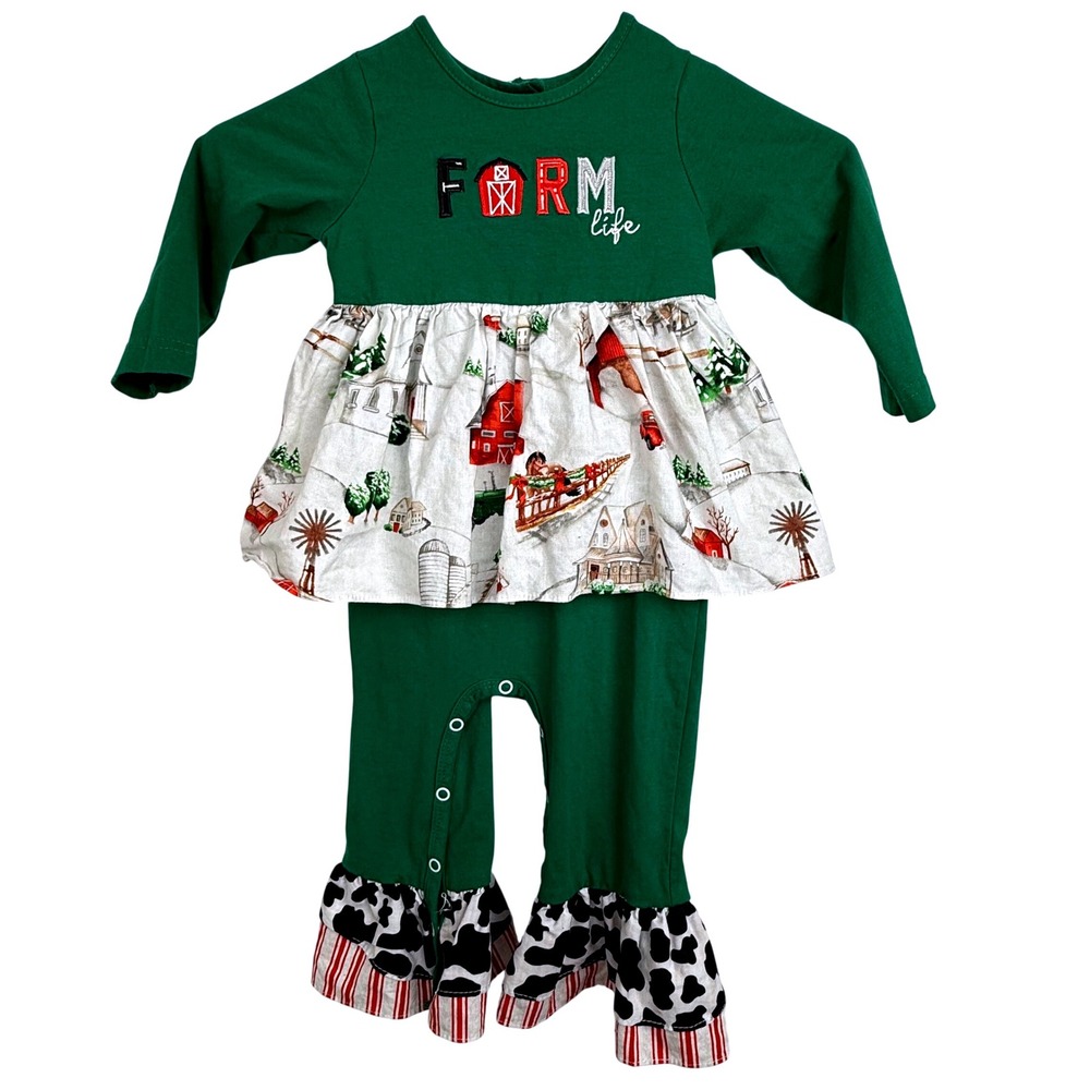 Ricrac & Ruffles Baby Girl Romper 24M Farm Life Christmas Cow Print Outfit